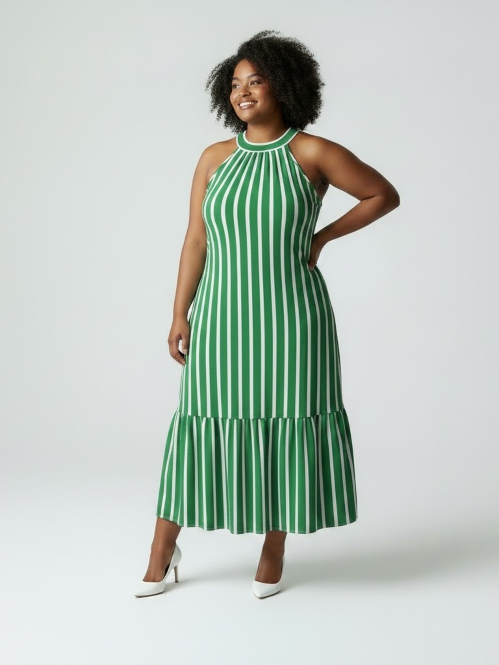 Rachel Zoe Green and White Striped Halter Maxi Dress NWOT Size Large